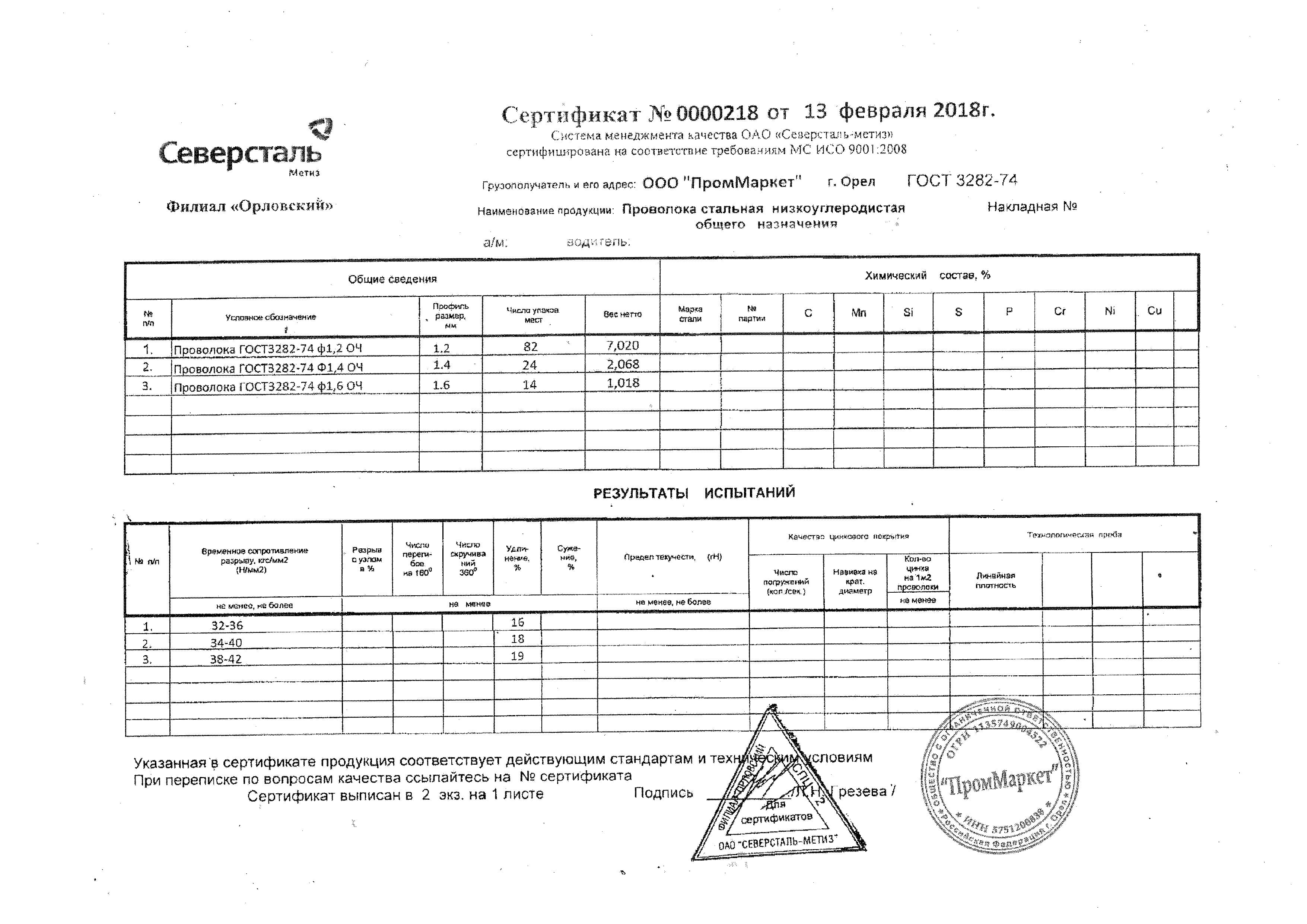 Сертификат 1 на проволоку стальную 1.4 мм – ПКФ «Метинвест-сервис»