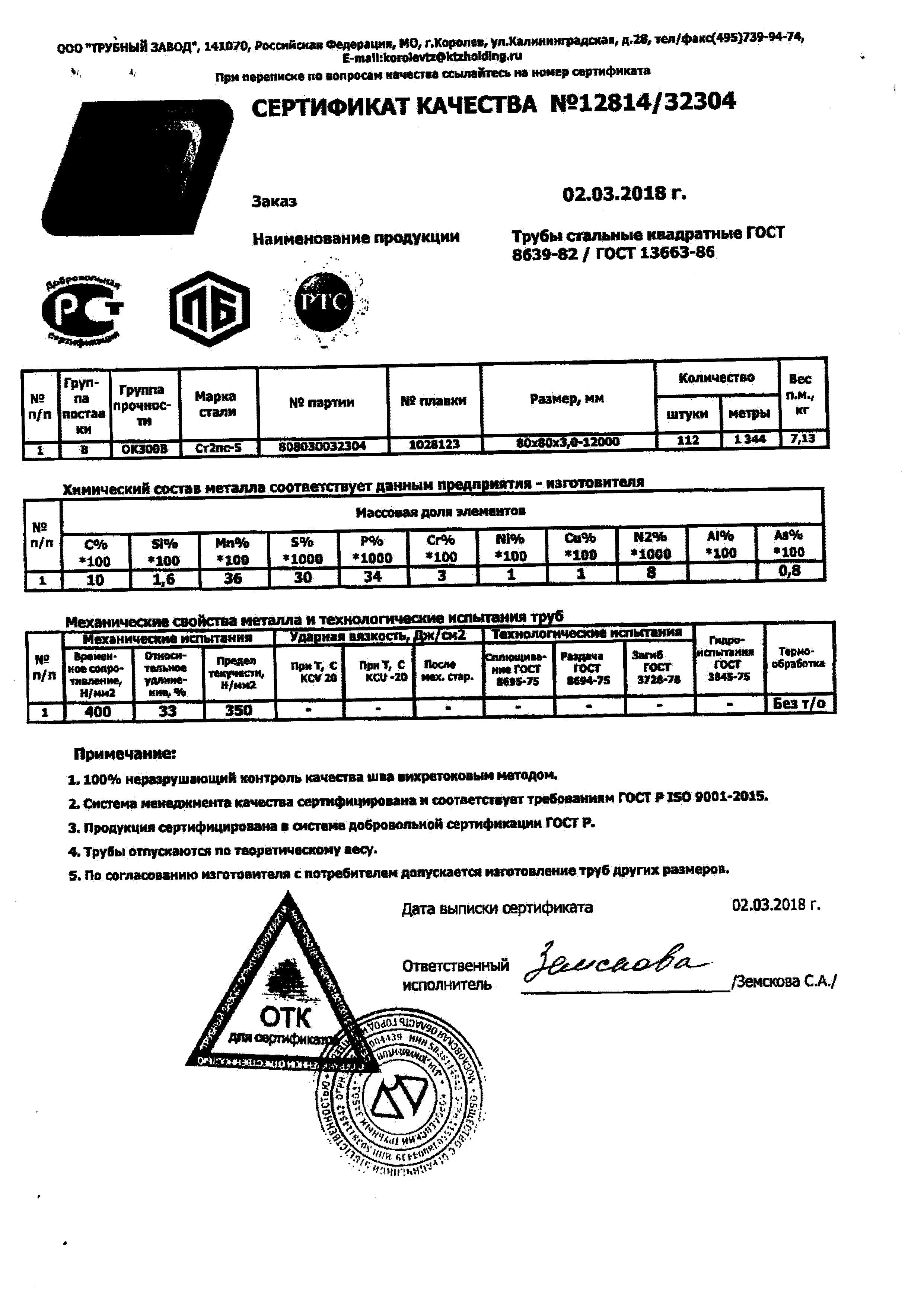 Сертификат 1 на трубу профильную 80х80х3 мм – ПКФ «Метинвест-сервис»
